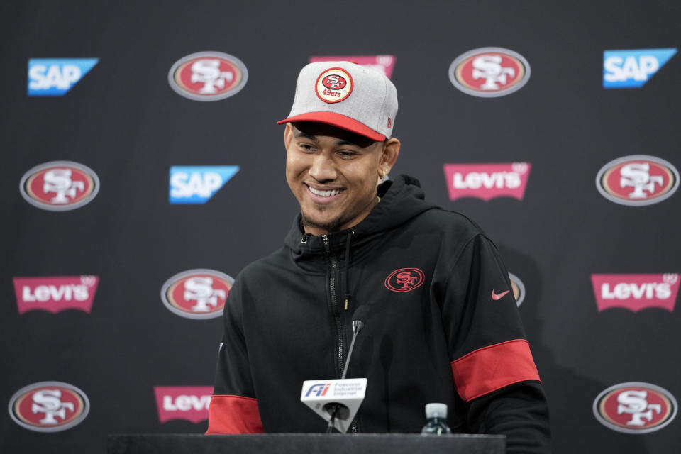 San Francisco 49ers quarterback Trey Lance speaks to reporters after the NFL football team's practice Tuesday, May 23, 2023, in Santa Clara, Calif. (AP Photo/Godofredo A. Vásquez)