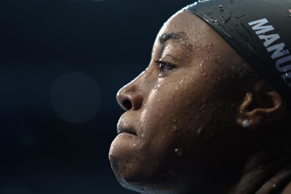 Simone Manuel, of United States, leaves the pool after a women's 50-meter freestyle semifinal at the 2020 Summer Olympics, Saturday, July 31, 2021, in Tokyo, Japan. (AP Photo/David Goldman)