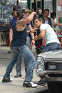 Taylor Lautner films a fighting scene for his new movie "Tracers" in the Lower East Side in New York City.