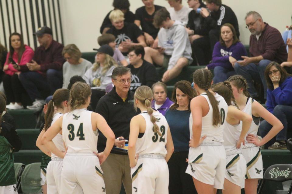 Woodward-Granger head coach Brad Kunecke talks to his players during the postseason opener against West Central Valley on Saturday, Feb. 11, 2023, in Woodward.