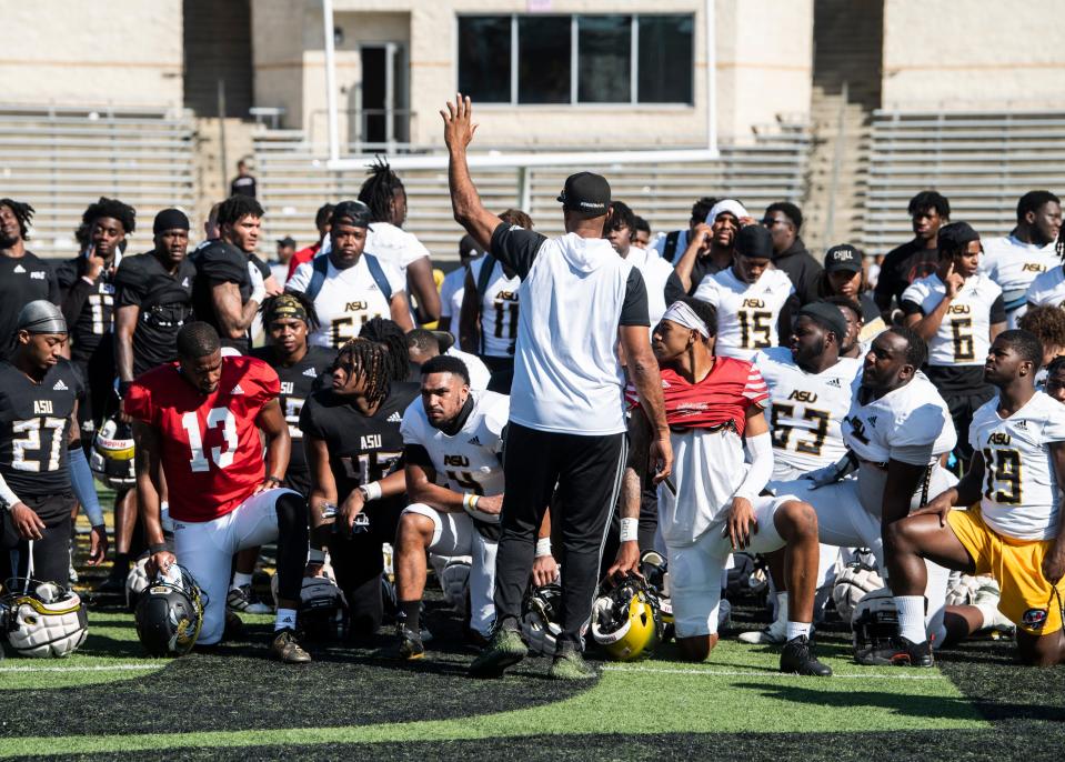 Alabama State head coach Eddie Robinson talks with his team after the Black and Gold spring game at ASU Stadium in Montgomery, Ala., on Saturday, April 23, 2022. 