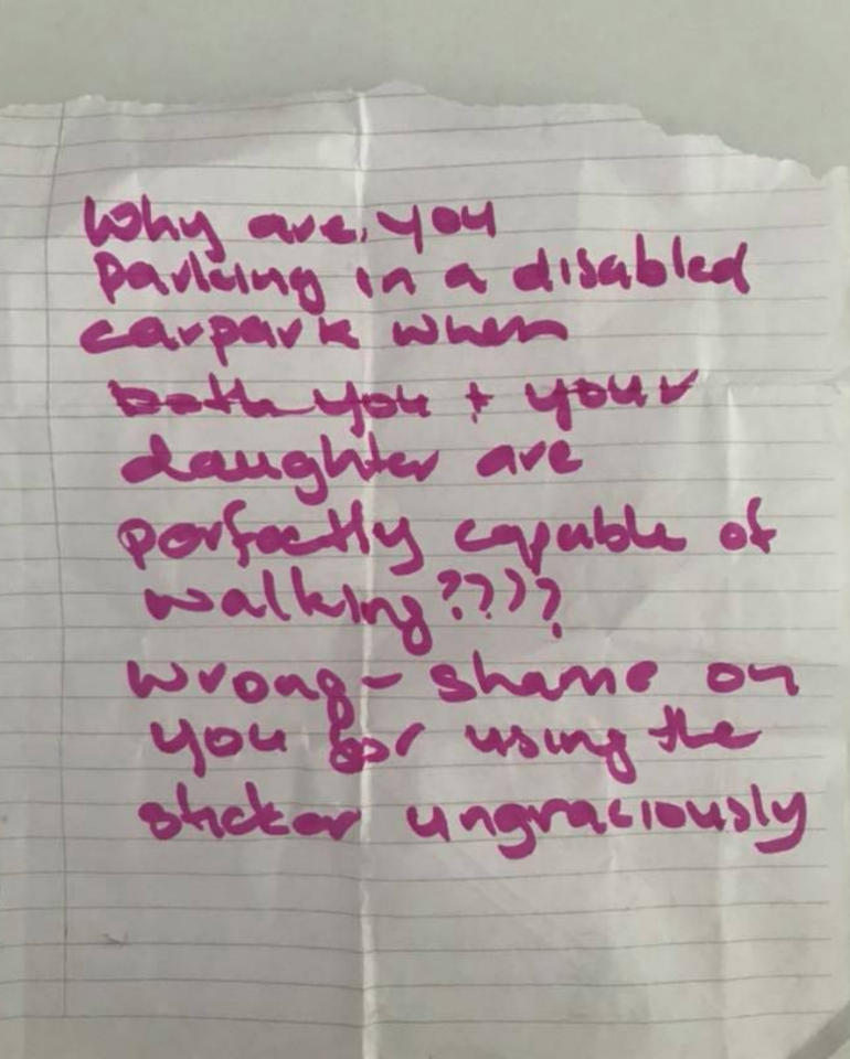 Shanell received this note after parking in a disabled spot. Photo: Facebook