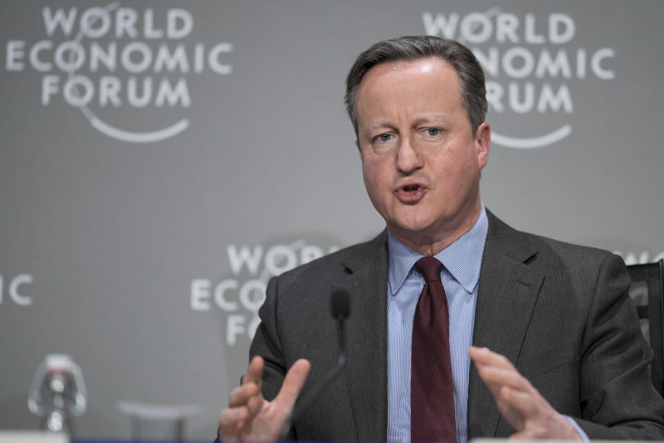 Britain's Foreign Secretary David Cameron takes part in a panel discussion at the Annual Meeting of World Economic Forum in Davos, Switzerland, Wednesday, Jan. 17, 2024. The annual meeting of the World Economic Forum is taking place in Davos from Jan. 15 until Jan. 19, 2024.(AP Photo/Markus Schreiber)