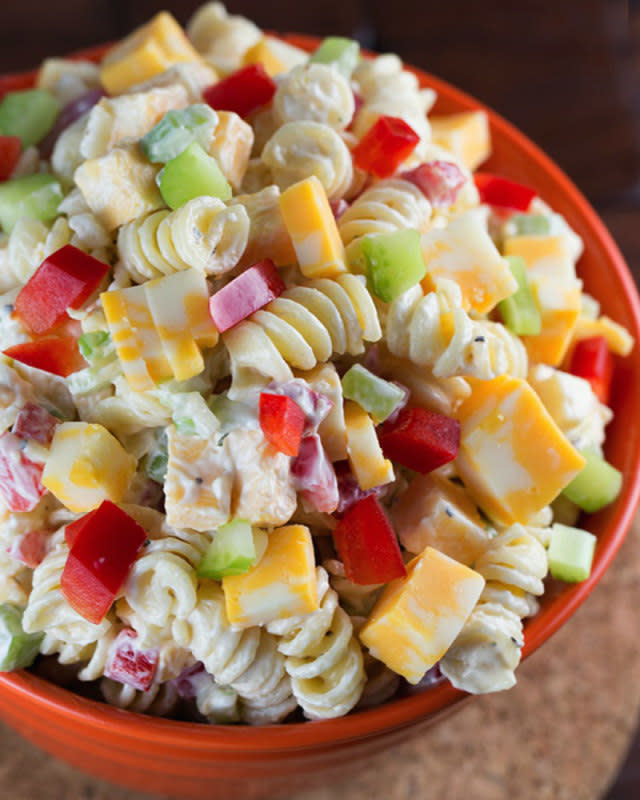 <p>Center Cut Cook</p><p>This might remind you of something from the deli counter.</p><p><strong>Get the recipe:</strong> <strong><a href="http://www.centercutcook.com/creamy-cheddar-pasta-salad/" rel="nofollow noopener" target="_blank" data-ylk="slk:Creamy Cheddar Pasta Salad;elm:context_link;itc:0;sec:content-canvas" class="link ">Creamy Cheddar Pasta Salad</a></strong></p>