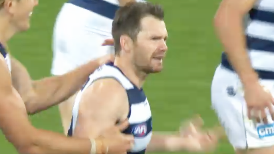 Patrick Dangerfield is pictured gesturing towards the umpire during Monday night's AFL match against St Kilda.