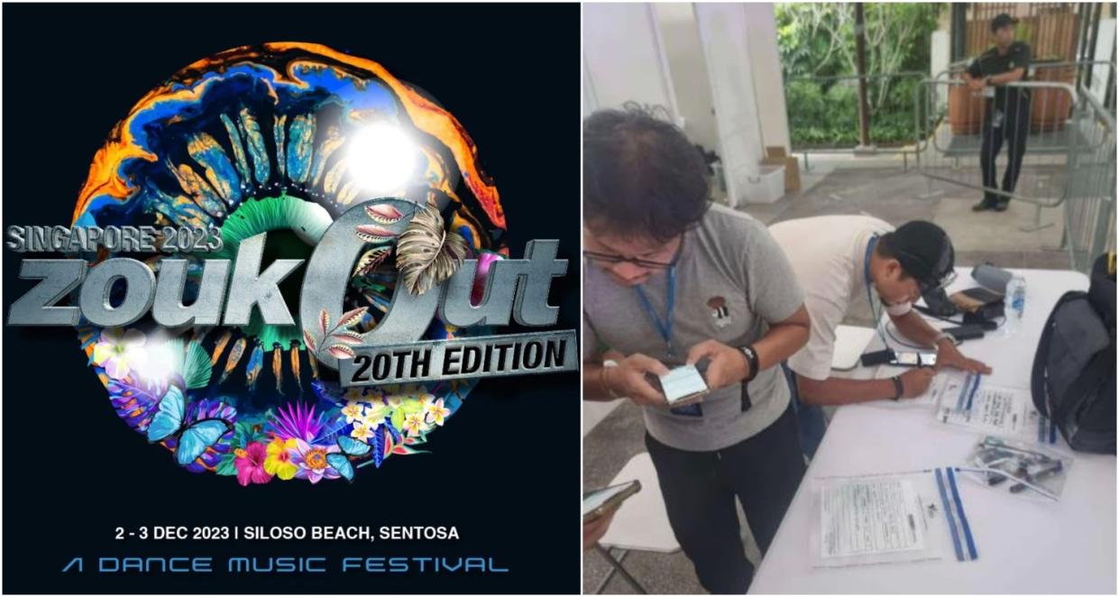 HSA officers (right) processing the details of those caught possessing e-vaporisers at ZoukOut 2023. (PHOTOS: HSA/ZoukOut)