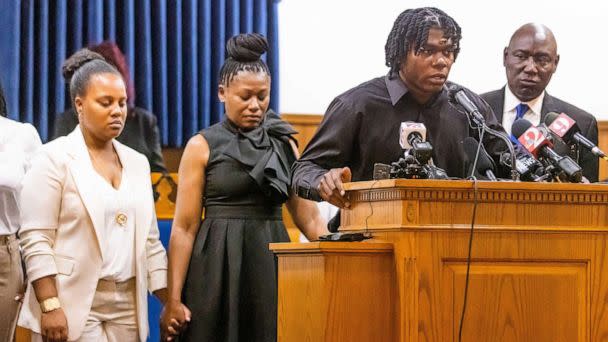 PHOTO: Otis Dias, brother to Ajike Owens, talks about his late sister at a press conference with attorney Ben Crump on June 7, 2023, at the New St. John Missionary Baptist Church in Ocala, Fla. (Doug Engle/Ocala Star Banner via USA Today Network)