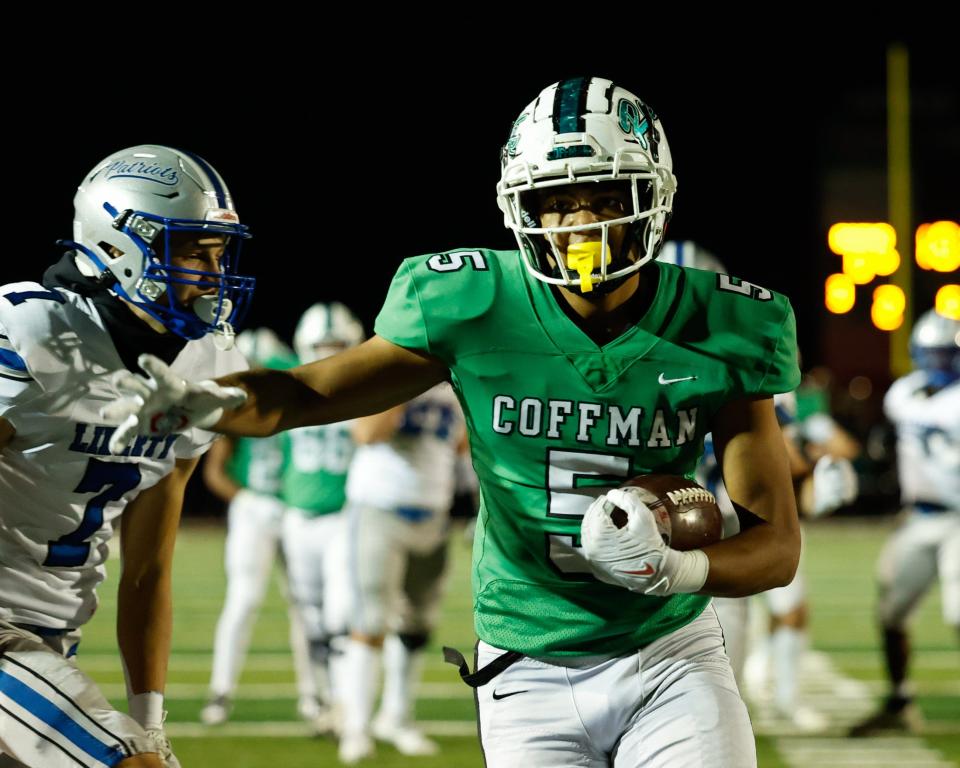Dublin Coffman’s Eli Losey celebrates after scoring a touchdown against Olentangy Liberty on Nov. 3.