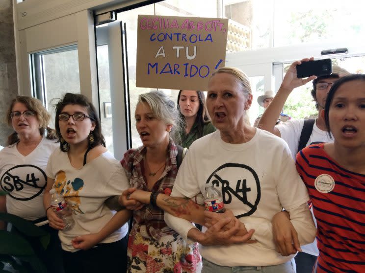 Protesters rallying against proposed Texas legislation that would compel police to enforce federal immigration laws. 