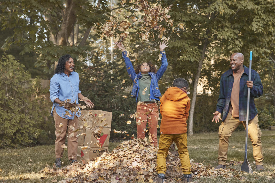 Family playing in leaves and doing fall yardwork, fall lawn care