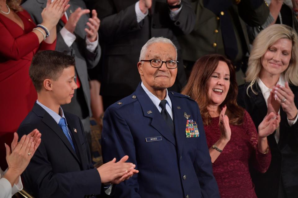 Gen. Charles McGee, one of the last surviving Tuskegee Airmen, sits next to Karen Pence as President Donald Trump delivers the State of the Union address at the U.S. Capitol in Washington on Feb. 4, 2020.