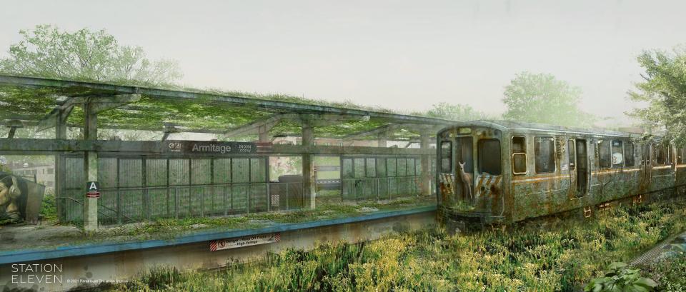 concept art of an overgrown, elevated train station in chicago in station eleven. signage identifies it as the armitage stop. there's a stopped train on the right side, covered in moss and greenery, and with a deer peering out of its back door. the rest of the station is similarly overgrown, with grasses and greens covering the tracks, the platform, and the awning.