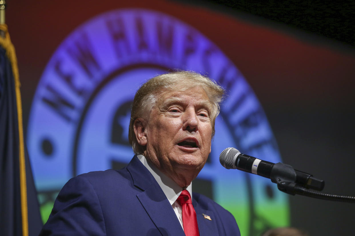 Former President Donald Trump speaks during the New Hampshire Republican State Committee 2023 annual meeting, Saturday, Jan. 28, 2023, in Salem, N.H. (AP Photo/Reba Saldanha)