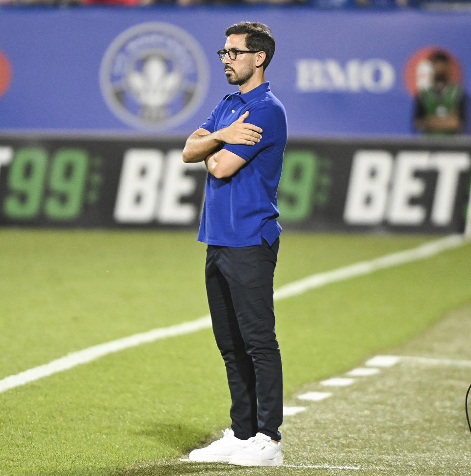 CF Montreal head coach Hernan Losada looks on from the sideline during second-half MLS soccer match action against Atlanta United in Montreal, Saturday, July 8, 2023. (Graham Hughes/The Canadian Press via AP)