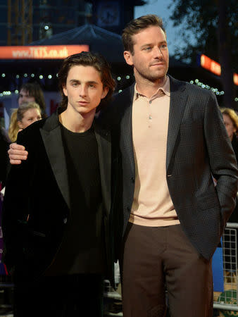 FILE PHOTO: Actors Timothee Chalamet and Armie Hammer arrive for the UK premiere of "Call Me By Your Name" during the British Film Festival in London, Britain, October 9, 2017. REUTERS/Mary Turner/File Photo