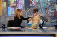 Katie gave George a snazzy apron so she’d have some “eye candy” during the big “GMA” Breakfast Sandwich Smackdown Tuesday.