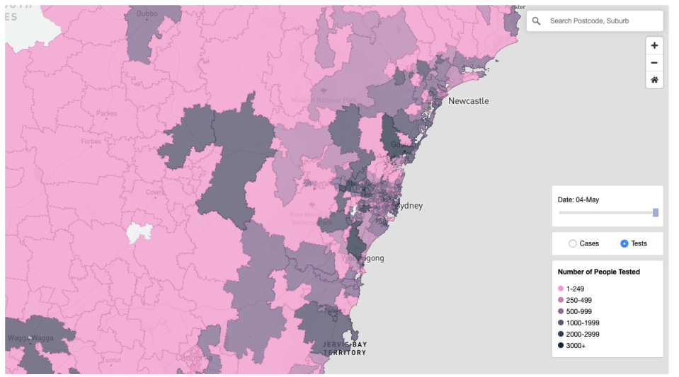 A NSW Government map reveals the number of tests in particular areas of the state. Source: NSW Government