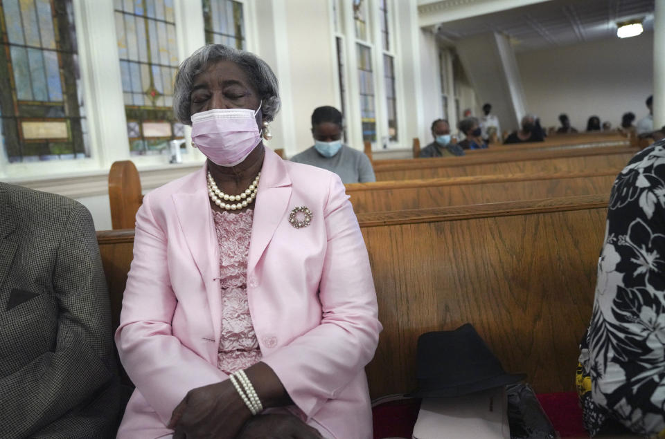 Congregants of Zion Baptist Church pray during Sunday service in Columbia, S.C., on April 16, 2023. Zion's shrinking attendance is in line with a recent Pew Research Center survey, which found that the number of Black Protestants who say they attend services monthly has fallen from 61% in 2019 to 46%. (AP Photo/Jessie Wardarski)