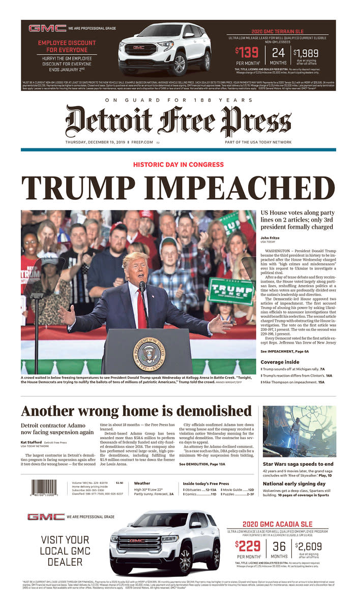 The front page of Thursday's Detroit Free Press. (Newseum.org)