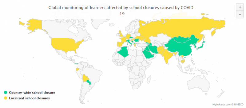 根據聯合國教科文組織（UNESCO）截至12日的統計資料，由於武漢肺炎（COVID-19、新冠病毒）肆虐，全球五大洲有多達49個國家宣布實施各級學校和大學停課。（取自聯合國教科文組織網站）