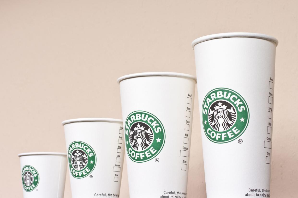 lined up starbucks cups from smallest to largest
