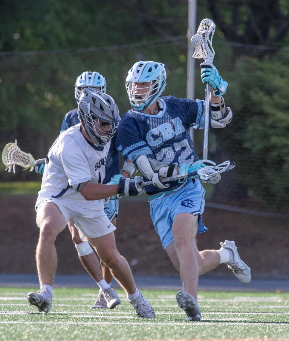 CBA’s Ryan Martin tries to work in towards the goal. Christian Brothers Academy defeats Manasquan in final minutes of Shore Conference Tournament Finals in West Long Branch, NJ on May 20, 2024.