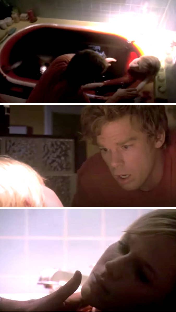 Dexter finds Rita dead in the bathtub