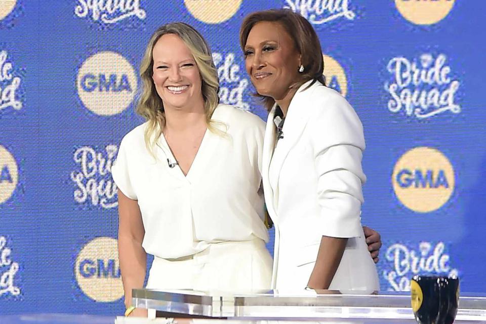 <p>TheImageDirect.com</p> Robin Roberts (right) and her fiancée Amber Laign (left) enjoy their on-air bachelorette party.