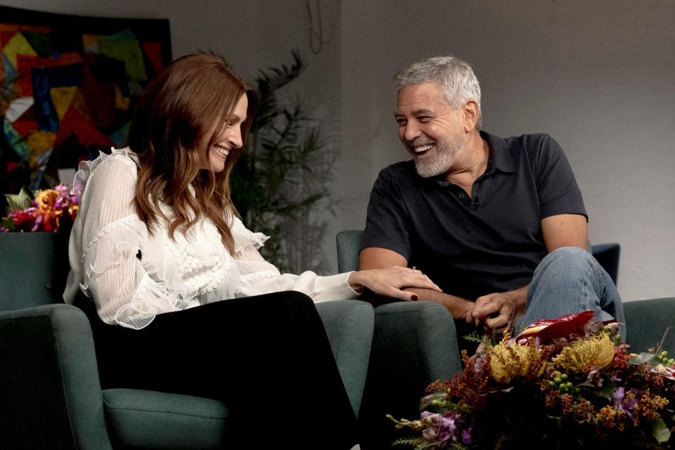 TODAY -- Pictured: Julia Roberts and George Clooney during an interview for a TODAY exclusive on Monday, October 10, 2022 -- (Photo by: Nathan Congleton/NBC via Getty Images)