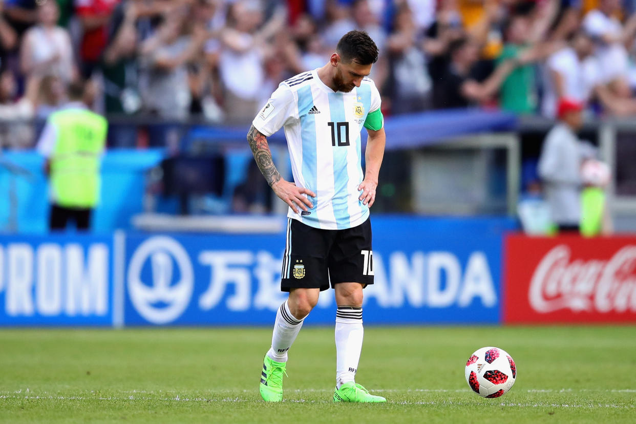 Lionel Messi of Argentina looks dejected during the 2018 FIFA World Cup Russia Round of 16 match between France and Argentina at Kazan Arena on June 30, 2018 in Kazan, Russia. (Getty Images)