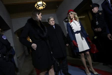 (L-R) Dona'd Trump's White House Director of Strategic Communications Hope Hicks, Senior Counselor Steve Bannon and Counselor to the President Kellyanne Conway arrive for the presidential inauguration on the West Front of the U.S. Capitol in Washington, D.C., U.S., January 20, 2017. REUTERS/Win McNamee/Pool