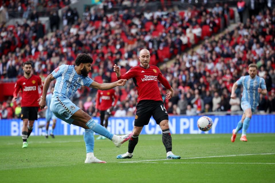 Ellis Simms started the Coventry comeback with a well taken second half goal. (The FA via Getty Images)