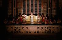 NUREMBERG, GERMANY - NOVEMBER 30: 17 year-old Franziska Handke performs as 'Christkindles' (translates literally as 'Christ Child') during the opening ceremony of the traditional Christmas market 'Nuernberger Christkindlesmarkt' on November 30, 2012 in Nuremberg, Germany. Originating in the 16th century the Nuremberg Christmas market is seen as one of the oldest of its kind in Germany. (Photo by Johannes Simon/Getty Images)