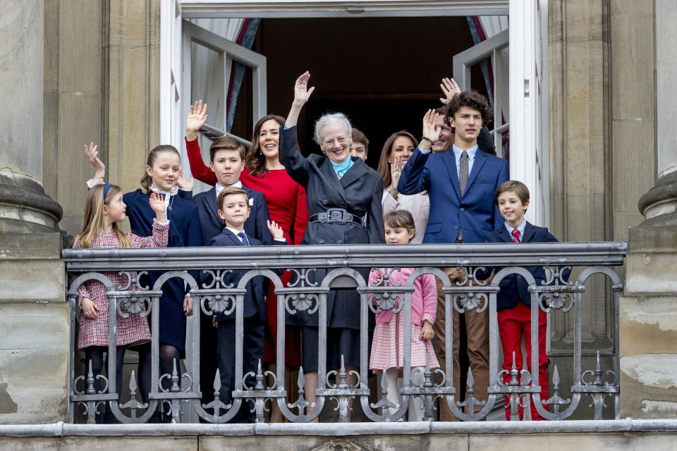 Queen Margrethe of Denmark, Crown Princess Mary of Denmark, Prince Christian of Denmark, Princess Isabella of Denmark, Prince Vincent of Denmark, Princess Josephine, Prince Joachim of Denmark, Princess Marie of Denmark, Prince Nikolai of Denmark, Prince Felix of Denmark, Prince Henrik of Denmark and Princess Athena of Denmark at the balcony of Amalienborg palace on April 16, 2018 in Copenhagen, Denmark. The Queen of Denmark celebrates her 78th birthday at the Palace. 