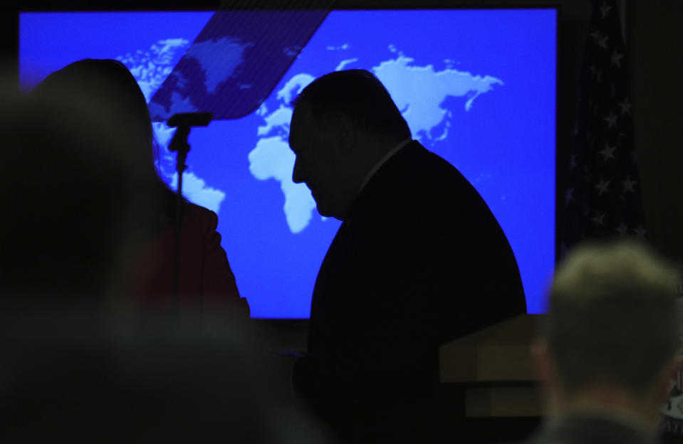 Secretary of State Mike Pompeo during a news conference at the State Department in Washington, Wednesday, July 8, 2020. (Tom Brenner/Pool via AP)