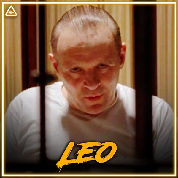 image of hannibal lecter horror villain with leo in scrawling orange letters at the bottom for his zodiac sign