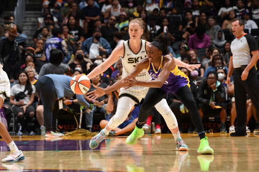 LOS ANGELES, CA - JUNE 23: Nneka Ogwumike #30 of the Los Angeles Sparks moves the ball during the game against the Chicago Sky on June 23 2022 at Crypto.com Arena in Los Angeles, California. NOTE TO USER: User expressly acknowledges and agrees that, by downloading and/or using this Photograph, user is consenting to the terms and conditions of the Getty Images License Agreement. Mandatory Copyright Notice: Copyright 2022 NBAE (Photo by Juan Ocampo/NBAE via Getty Images)