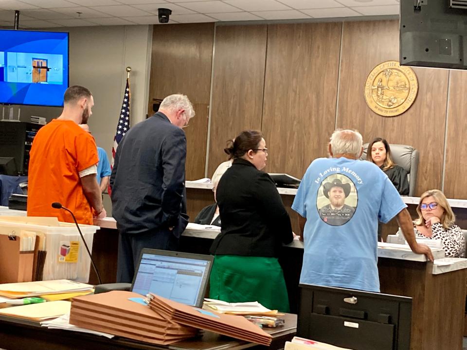 Victim Blake Cain's grandfather, right, addresses Circuit Court Judge Ana Maria Garcia prior to the sentence being rendered. To the left is prosecutor Shalla Jefcoat, defense attorney Kerry Adkinson and the defendant, Steven Mantecon.
