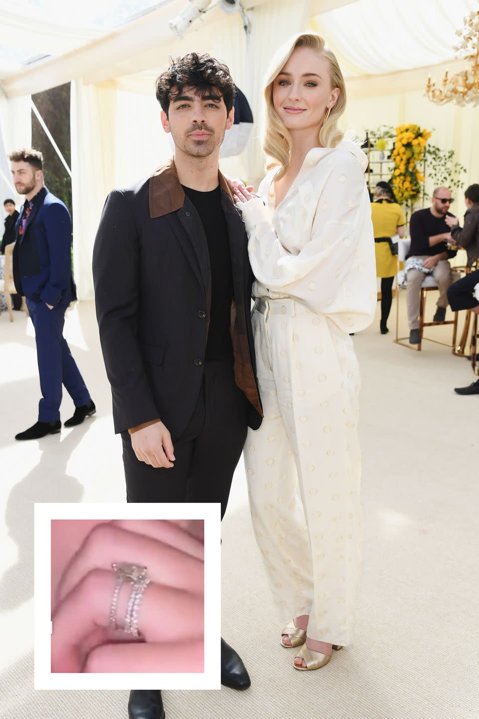 <p>Back in 2017, Joe Jonas proposed to Sophie with a sparkling pear shaped diamond ring set on a double pavé band. The couple married in 2019 (they hosted two wedding ceremonies—one in Las Vegas, and one in the south of France), and shortly afterward Sophie showed off her wedding band for the first time on Instagram. Like her engagement ring, Sophie's wedding band features pavé diamonds and pairs perfectly when stacked with her pear-shaped ring. </p>