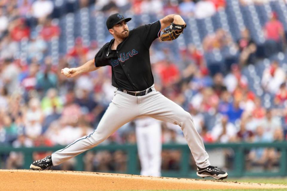 Miami Marlins starting pitcher Zach Thompson throws during the first inning of the team’s baseball game against the Philadelphia Phillies, Saturday, July 17, 2021, in Philadelphia. (AP Photo/Laurence Kesterson)