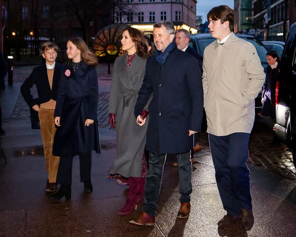 <p>Johnny Pedersen / Ritzau Scanpix / AFP via Getty</p> Prince Vincent, Princess Josephine, Crown Princess Mary, Crown Prince Frederik, Prince Christian and Prince Joachim arrive at the Christmas Eve service at Aarhus Cathedral on December 24, 2023.