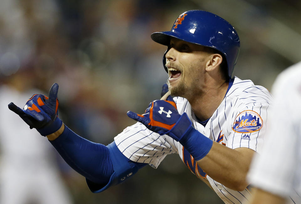 NEW YORK, NEW YORK - JUNE 30:   Jeff McNeil #6 of the New York Mets reacts after his eighth inning two RBI single against the Atlanta Braves at Citi Field on June 30, 2019 in New York City. (Photo by Jim McIsaac/Getty Images)