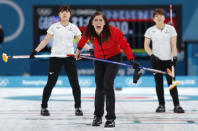 Curling - Pyeongchang 2018 Winter Olympics - Women's Bronze Medal Match - Britain v Japan - Gangneung Curling Center - Gangneung, South Korea - February 24, 2018 - Skip Eve Muirhead of Britain shouts to her team mates. REUTERS/John Sibley