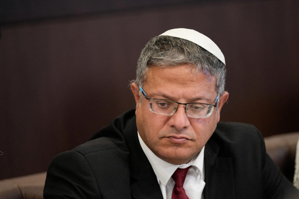 El ministro de Seguridad Nacional de Israel, Itamar Ben-Gvir, en una de las reuniones semanales del gabinete en Jerusalén celebradas en septiembre de 2023. (Ohad Zwigenberg/Reuters)