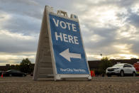 Voting signs direct voters to the Minneapolis Elections and Voter Services center on Friday, Sept. 23, 2022, in Minneapolis. With Election Day still more than six weeks off, the first votes of the midterm election were already being cast Friday in a smattering of states including Minnesota. (AP Photo/Nicole Neri)