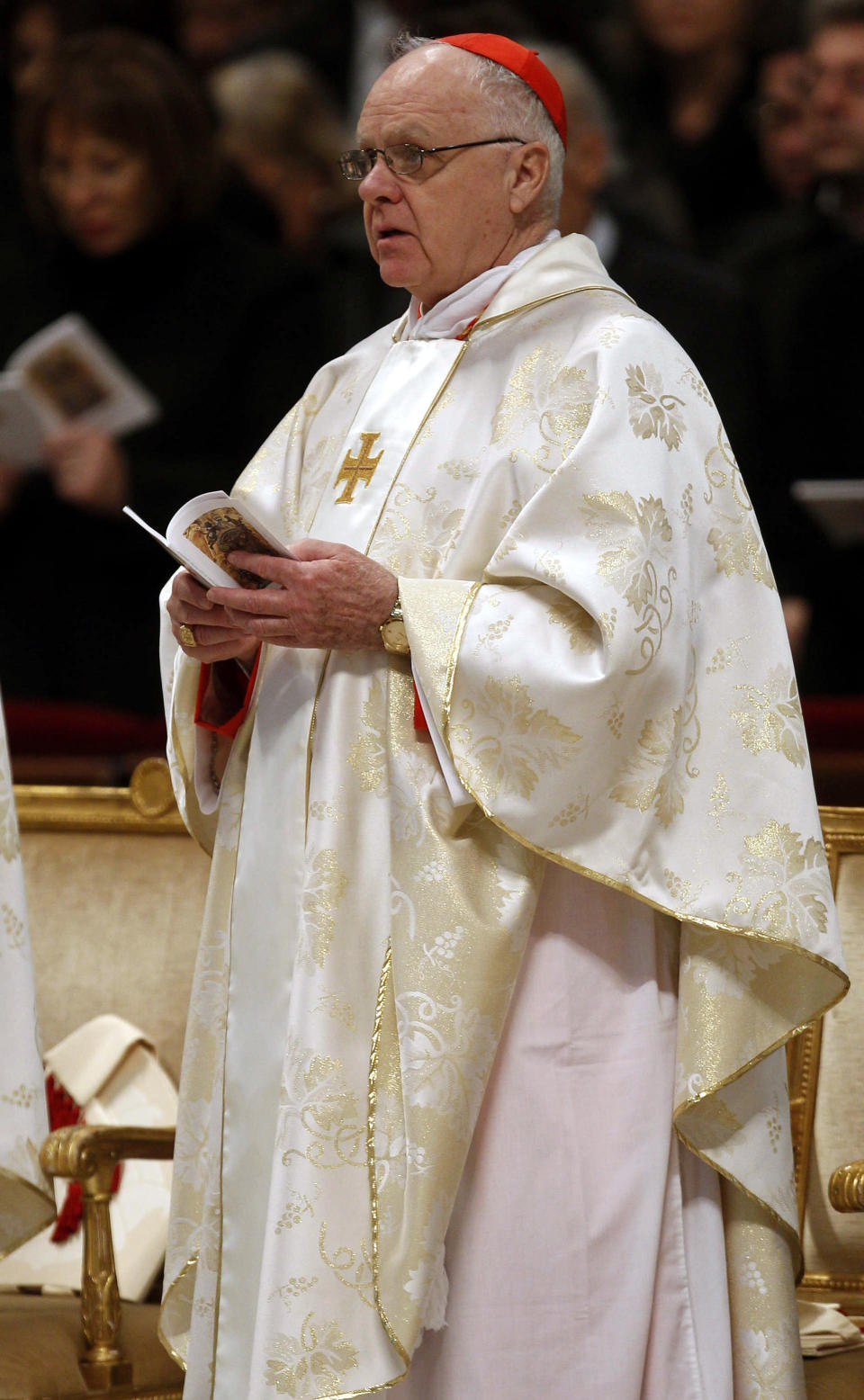 Grand master of the Equestrian Order of the Holy Sepulchre of Jerusalem  Age: 73  Born: April 8, 1939 in New York  Education: St. Joseph's Seminary (Yonkers, N.Y.), Pontifical University of St. Thomas Aquinas  Ordained a priest: 1965 in New York  Posts held: rector of Pontifical North American College (1990-1994); auxiliary bishop of New York (1996-1997); archbishop of U.S. Military Services (1997-2007); archbishop of Baltimore (2007-2011); grand master of the Equestrian Order of the Holy Sepulchre of Jerusalem (2012-present)  Elevated to cardinal: 2012 by Pope Benedict XVI   Newly-appointed cardinal Edwin Frederick O'Brien, of the United States, attends a Mass celebrated by Pope Benedict XVI in St. Peter's Basilica at the Vatican a day after installing 22 of them as cardinals, Sunday, Feb. 19, 2012. (AP Photo/Pier Paolo Cito)  <strong>CORRECTION</strong>: An earlier version had a photo of Bishop William Lori. 