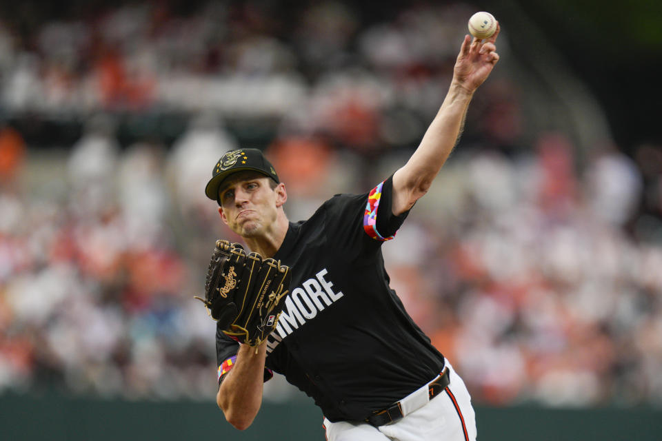 Baltimore Orioles starting pitcher John Means throws to a Seattle Mariners batter during the first inning of a baseball game Friday, May 17, 2024, in Baltimore. (AP Photo/Jess Rapfogel)