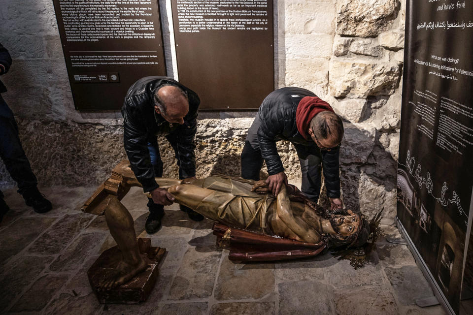 The damage after an American tourist attacked and toppled a statue of Jesus in the Church of the Flagellation on the Via Dolorosa in the Old City of Jerusalem on Feb. 2, 2023. (Mostafa Alkharouf / Anadolu Agency via Getty Images)