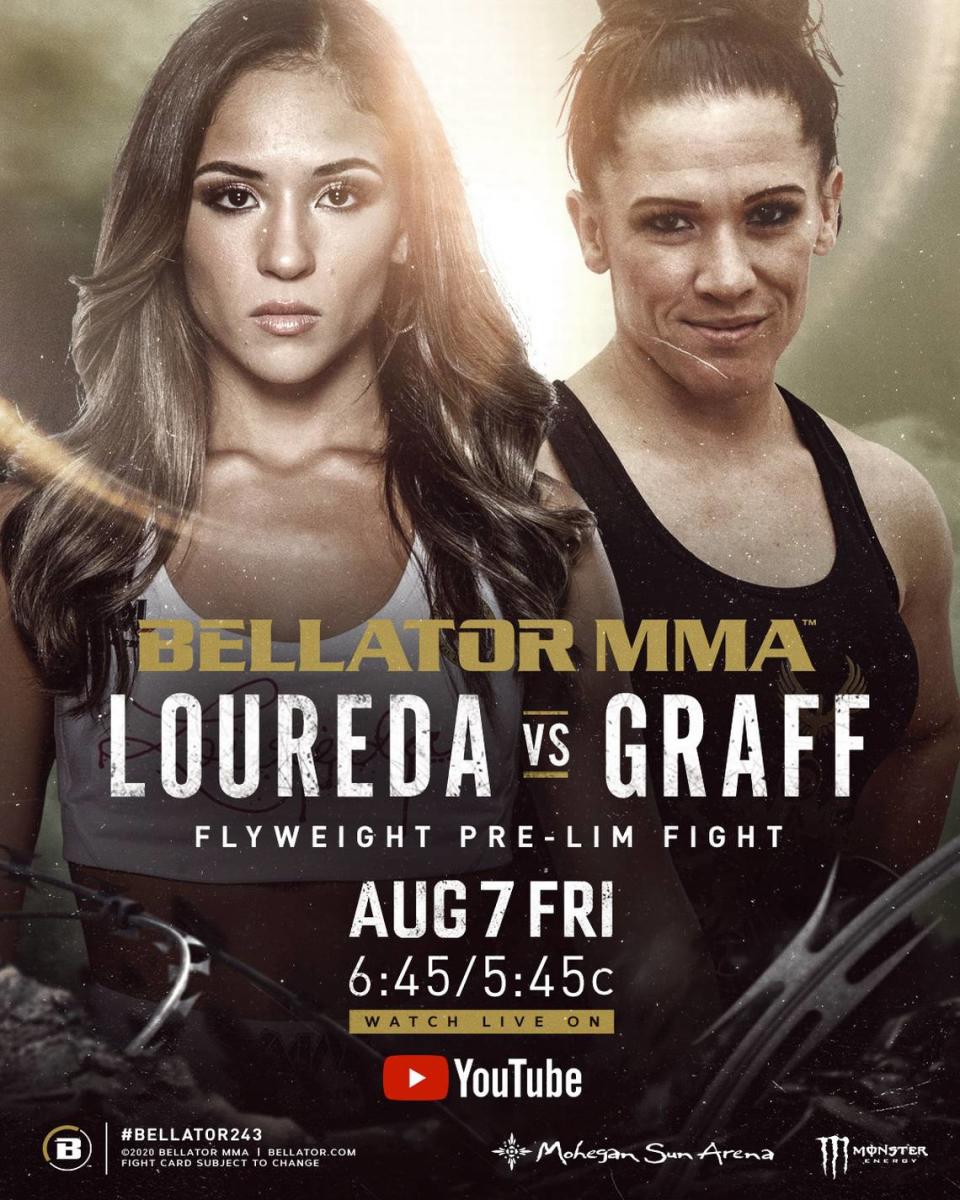 Miami’s “Master” Valerie Loureda (2-0) of American Top Team is featured in the prelims of Bellator 243 MMA against Tara “The Tiny Terror” Graff (1-1) on Friday, Aug. 7 from Mohegan Sun Arena in Uncasville, Connecticut. Michael Chandler of Sanford MMA headlines, and Matt Mitrione also of Samford MMA and Combat Club is co-main eventing. Sabah Homasi of American Top Team is also on the main card, and Adam Boric, another from Sanford MMA, is in the prelims, which start at 6:45 p.m. ET.