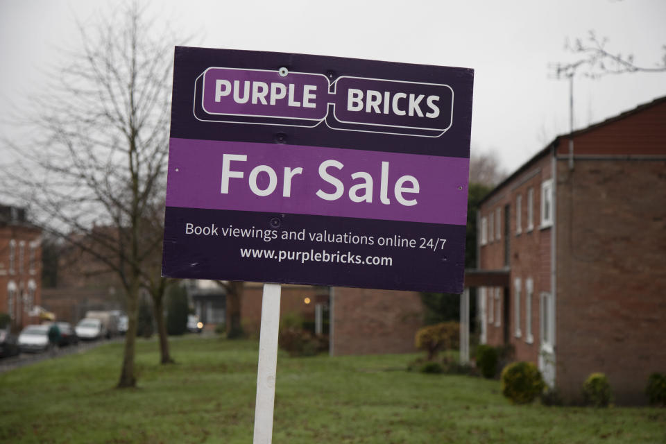 Purple Bricks For Sale sign in Moseley / Kings Heath area in Birmingham, United Kingdom. Purplebricks is a British online estate agent. Founded in 2012. (photo by Mike Kemp/In PIctures via Getty Images)